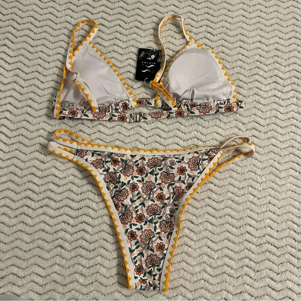 Bikinix Yellow/Floral Multicolor Padded Top Triangle Micro Bikini Set Sz L